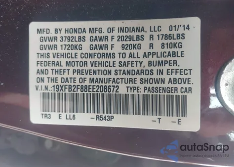 2014 Honda Civic Ex from USA, damaged, VIN 19XFB2F88EE208672